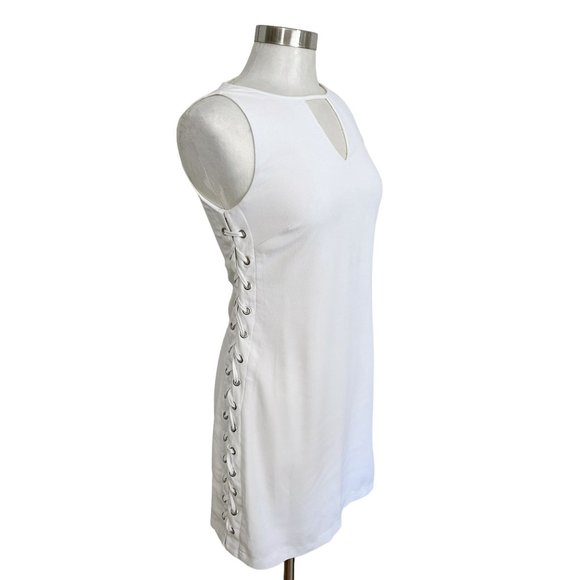 Cato SMALL Riviera White Side Lace Up Keyhole Neck Knee Length Sorority Dress - Picture 3 of 11